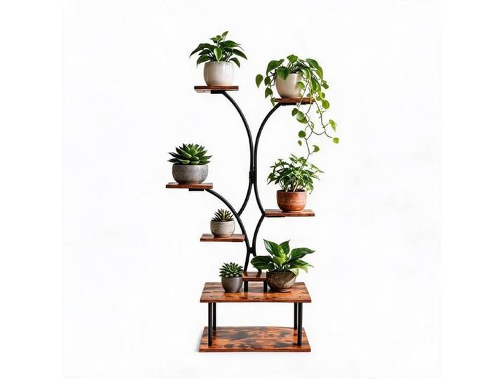 Support pour Plantes d'Intérieur 7 Niveaux - Étagère Métallique Incurvée pour Salon Balcon et Terrasse - 154 x 70 x 36 cm