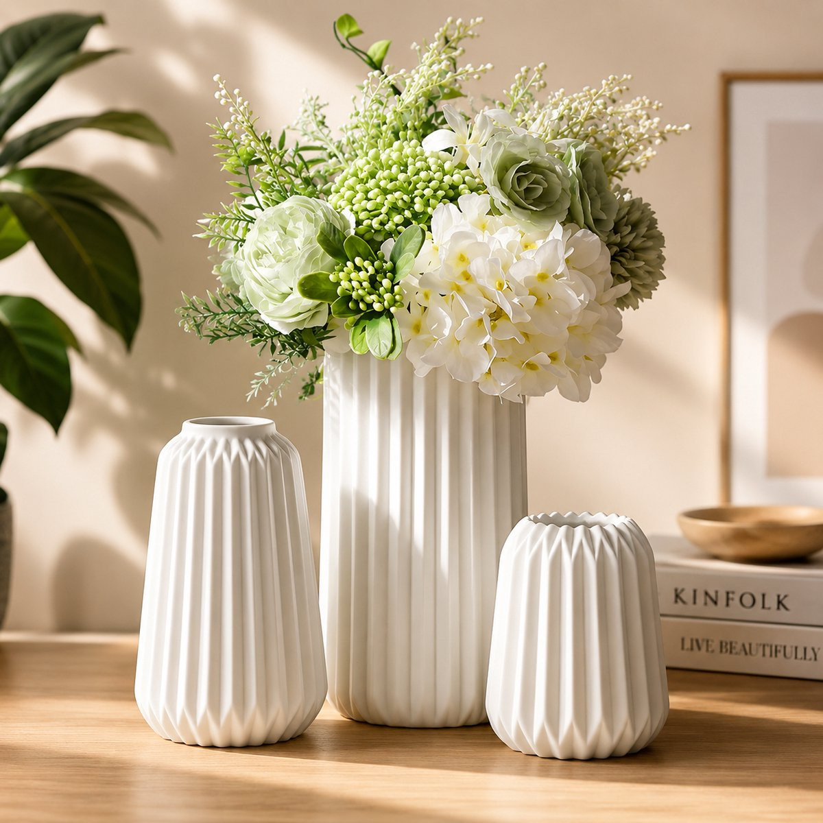 Set van 3 witte keramische vazen in boho modern en Nordic minimalisme stijl voor decoratie in je woonkamer, kantoor of entree