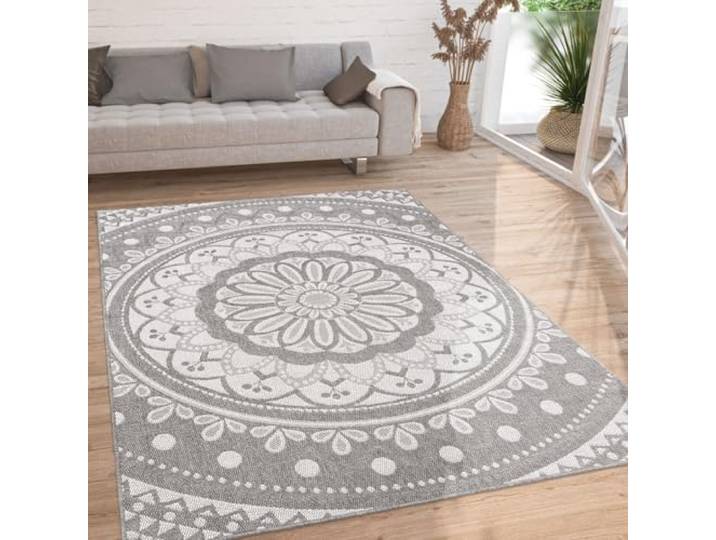 Paco Home Outdoor Teppich wetterfest & robust modernes Mandala & Boho Design pflegeleicht & flachgewebt für Balkon, Terrasse, Garten, Wohnzimmer & Küche Ethno Mandala, Grösse:240x340 cm, Farbe:Grau