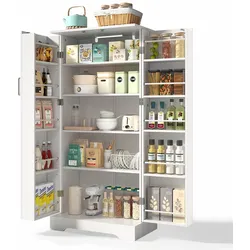 OKWISH Vorratsschrank 60x35x128 cm mit LED-Sensorleuchte, höhenverstellbaren Böden, Kippschutz und flexiblem Stauraum für Küche, Flur, Wohnzimmer–Weiß