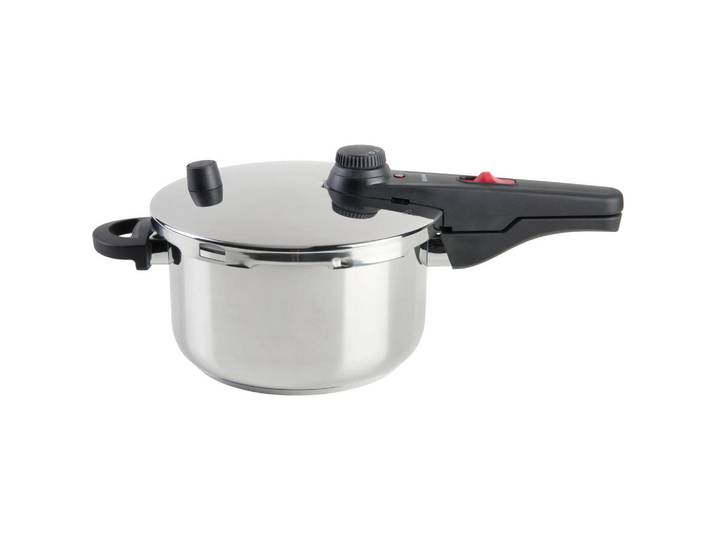 Kelomat Schnellkochtopf Kelomat Alfa, Alufarben, Metall, 4.5 l, 24.80x28.40x45 cm, Messskala, einstellbare Kochstufen, Druckregelventil, Gegengriff, verkapselter Sandwichboden, Kochgeschirr, Töpfe, Schnellkochtöpfe