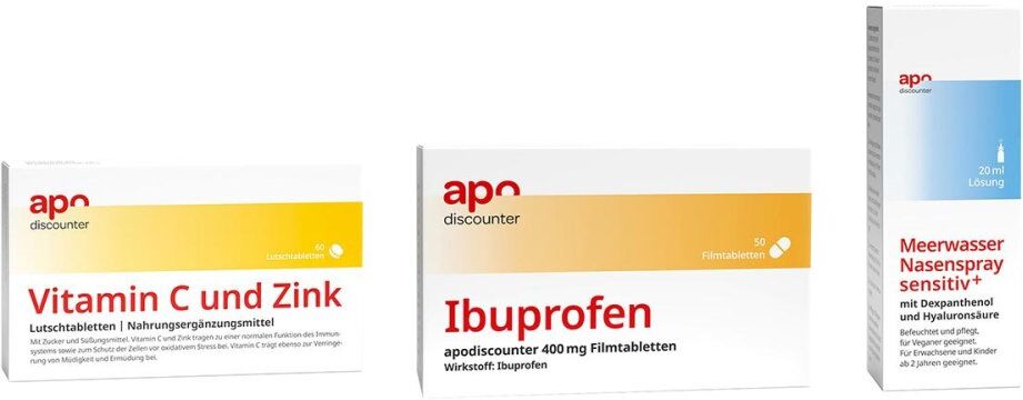 apodiscounter Schnupfen Set - Lutschtabletten + Nasen-Pflegespray + Ibuprofen