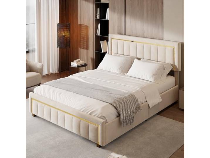 Xanthyl Bett mit Stauraum, 160 x 200 cm, mit hydraulischer Aufbewahrung, Doppelbett mit Lattenrost, Stauraum, Betten und Bettgestell für Erwachsene, Velours, Beige, goldfarbene Verarbeitung, ohne