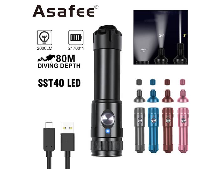 Lampe de plongée Asafee T21 SST40 2000LM, torche photographique portable, projecteur de plongée, profondeur 80m, rechargeable, utilise une batterie 21700
