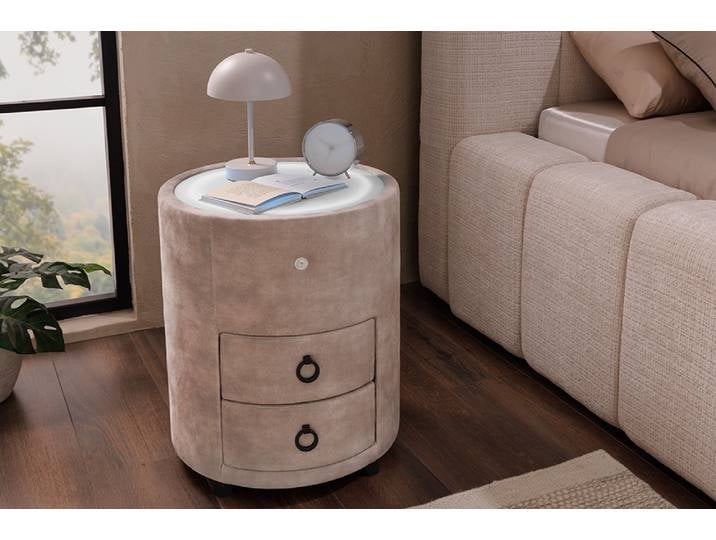 Runder Nachttisch SIGNUM 55cm champagner beige Vogue Seiden Samtstoff inkl. Beleuchtung Säulentisch Modern & Design