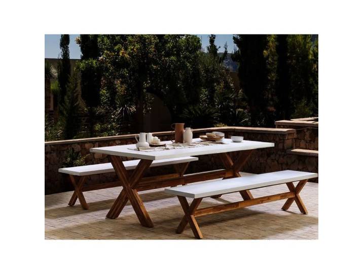 Banc de jardin en béton blanc - BELIANI - OLBIA - 3 personnes - Fibre-ciment et bois d'acacia