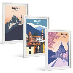 BILDER SET 3er Set - 40x60 cm Weißer Rahmen - Retro-Illustrationen zur Bergarchitektur