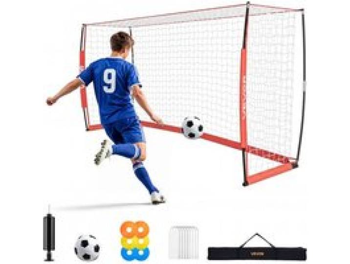 VEVOR But de Football 3,66x1,83 m Cage de Foot avec Filet Portable Rouge, pour Cour Stade Terrain Jardin Extérieur, Base Métallique Stable, Équipement d'Entraînement de Football avec Sac et Piquets