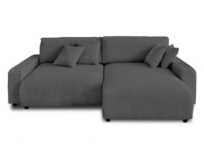 Lisa Design Pivoine – Ecksofa beidseitig montierbar– 4-Sitzer– Schlaffunktion mit Bettkasten – aus Cord Dunkelgrau