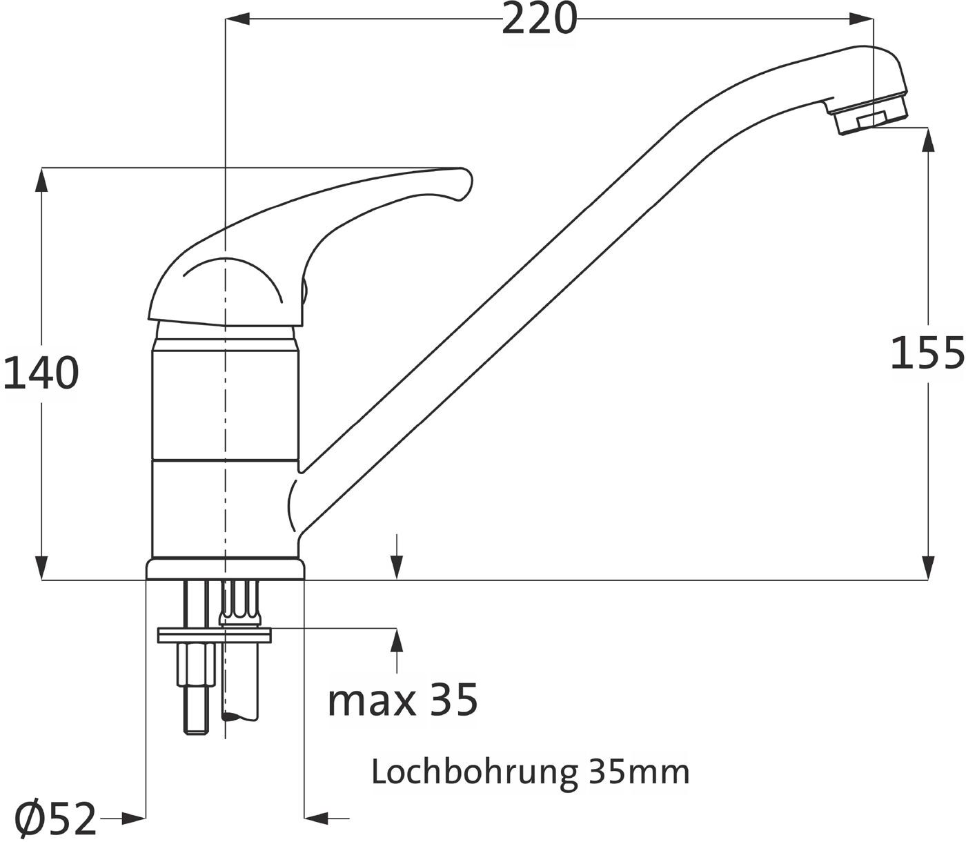 Herzbach LARGO Spültisch-Einlochbatterie, Hochdruck