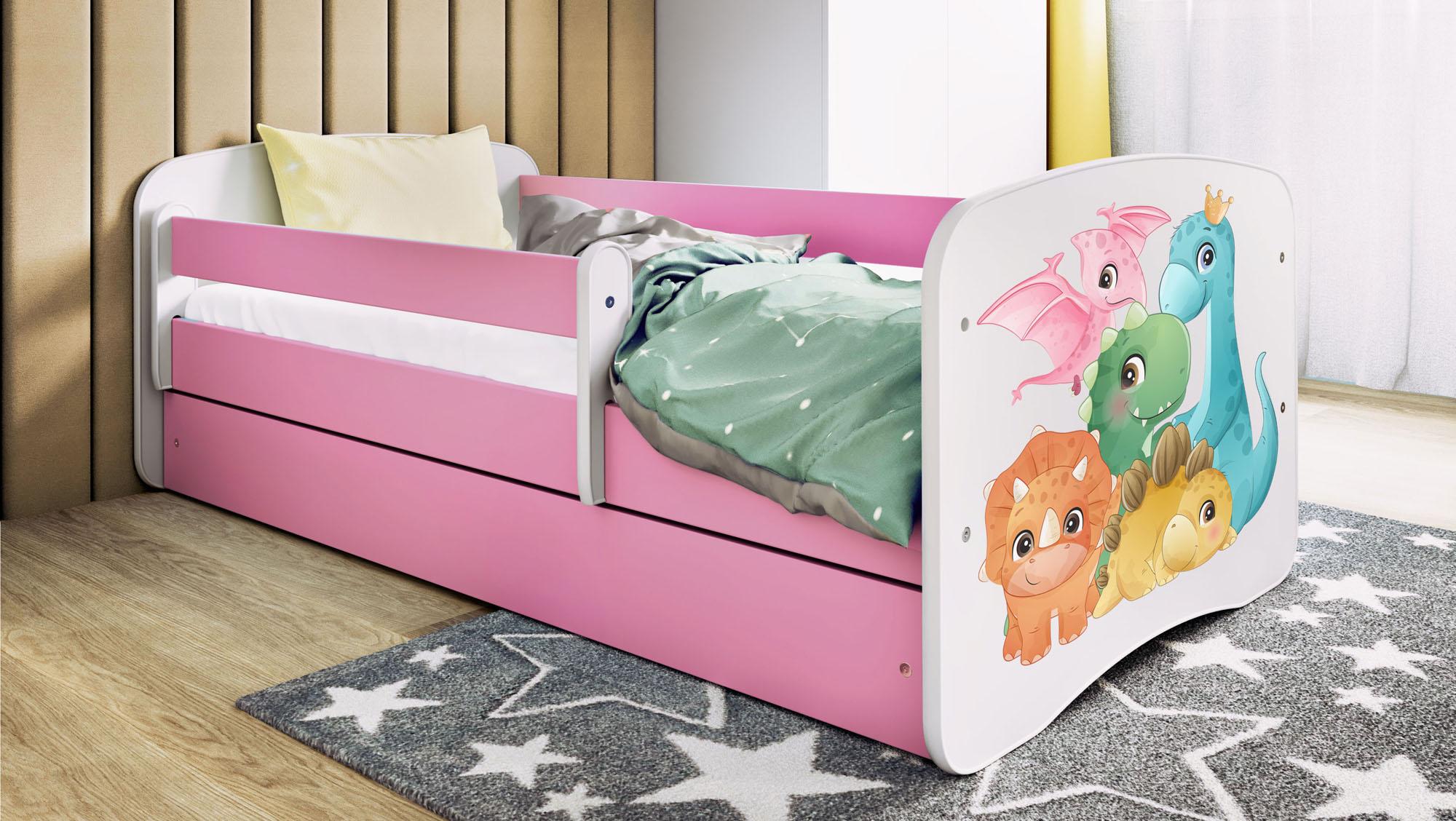 Kinderbett Rosa 70x140 80x160 80x180 cm - mit Matratze, Rausfallschutz und Schublade - Jugendbett für Mädchen - Stabil und Sicher - Dinosaurier - 160x80 cm