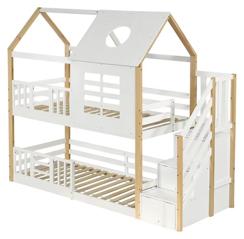 Etagenbett - Kinderbett mit Stauraumtreppe - 90 x 200 cm - Fallschutznetz - Fensterdesign - Dachdesign - Weiß/Natur