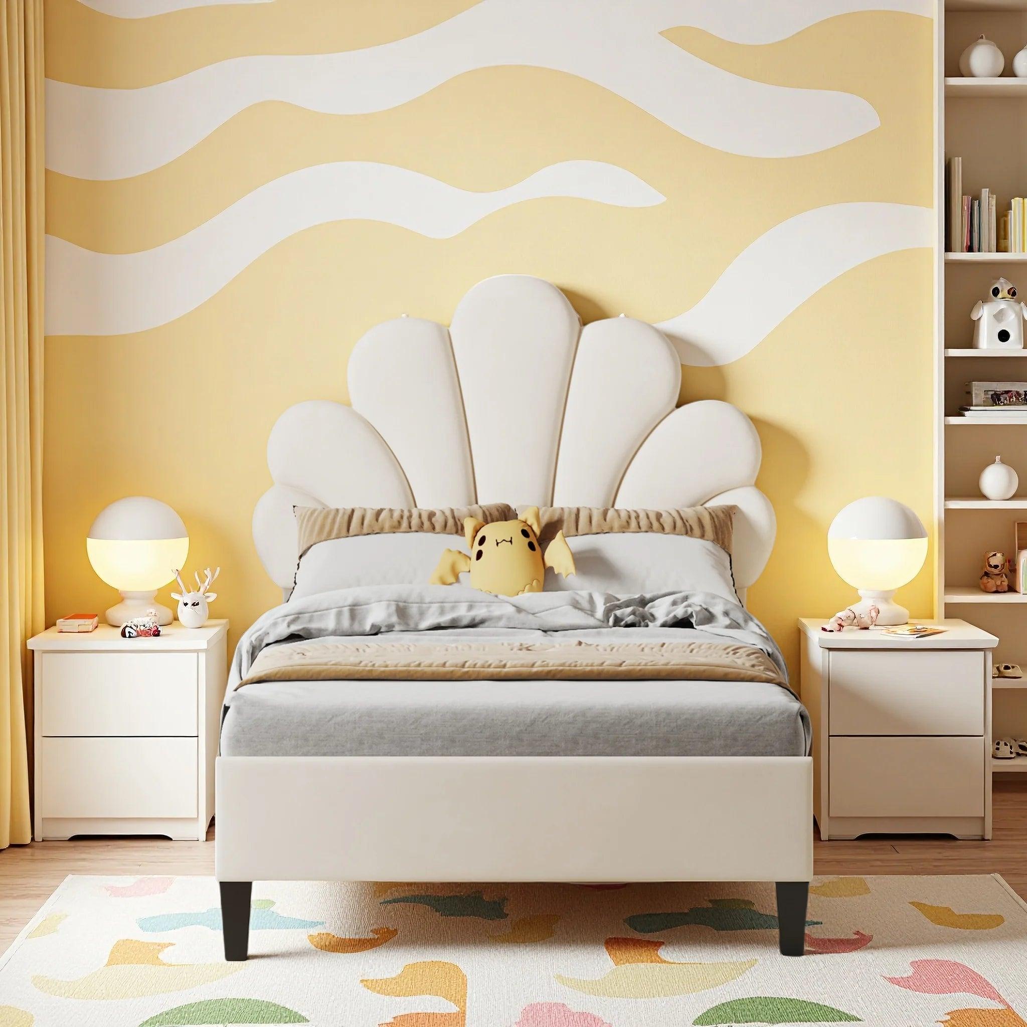 Kinderbett - Einzelbett - Bettsofa - Kleines Kinderbett - Bett für Kleinkinder - Beige Polsterung - Kopfteil mit Blumenmuster