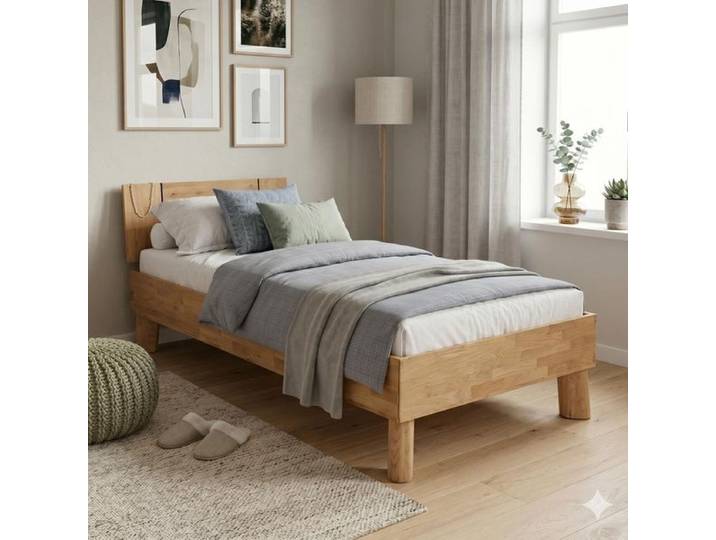 HOMELIV. Einzelbett Tarin Komfort Wildeiche Massivholz 100x200cm klassischer Stil, Mit Kopfteil höhenverstellbar