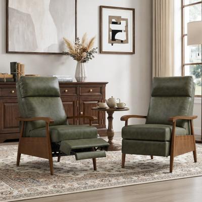 Velocisca Leather Push-Back Recliners Set of 2, Mid-Century Modern Recliner Chairs with Solid Wood Arms