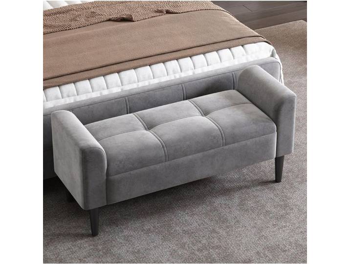 Banquette rembourrée 116 cm avec accoudoirs velours gris matelassé MDF banc de lit ou de piano