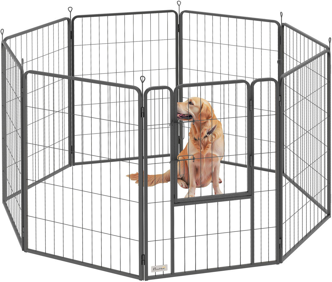PawHut Dog Playpen with Door for Indoor Outdoor Gray 100cm H x 136cm W x 136cm D