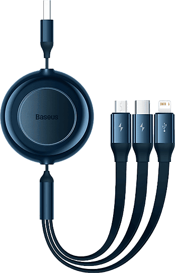 Cable USB - Baseus 3-en-1 Bright Mirror, retráctil, Carga rápida multidispositivo, a USB-C-Lightning-Micro, 110 cm, 3.5A, Azul