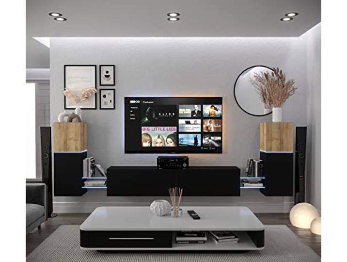 Furnitech Wohnwand Wohnzimmer Hängend Wohnwand Modern Wohnzimmer Schrankwand mit Regale und TV Schrank Wohnzimmer Möbel ohne LED (AN104-21DZB-M9 1A)