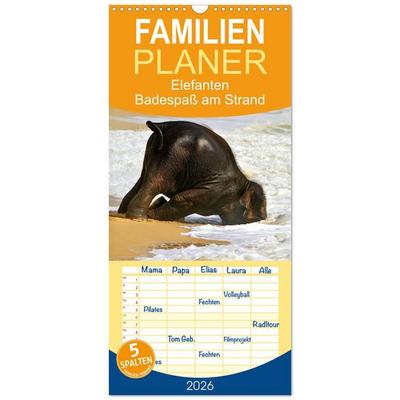 Familienplaner 2026 - Elefanten. Badespaß am Strand mit 5 Spalten (Wandkalender, 21 x 45 cm) CALVENDO
