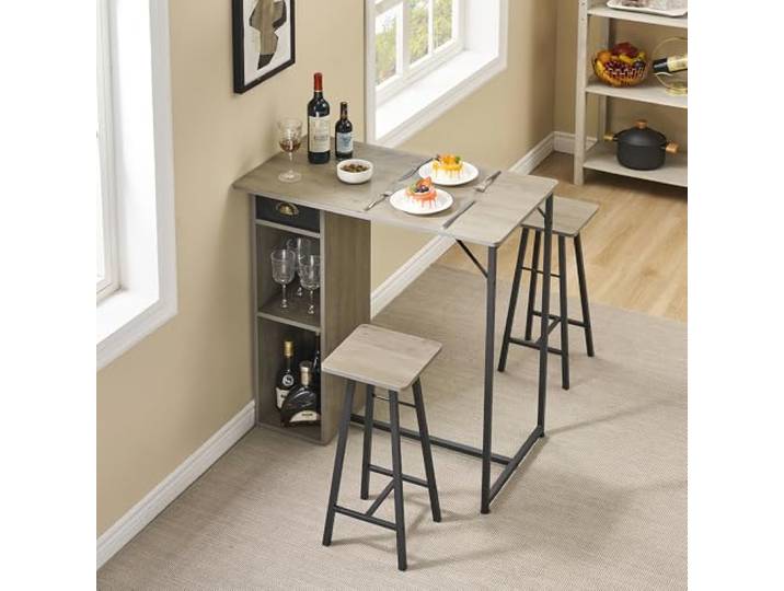 GarveeMore 3-Teiliges Bartisch Set, Essgruppe Mit 2 Hockern & 3 Ablagen Küche Bar Table Tisch Hochtisch Mit Stauraum: Bartisch + 2 Barhocker, Stoffschublade, Ablagefläche, für Küche & Balkon