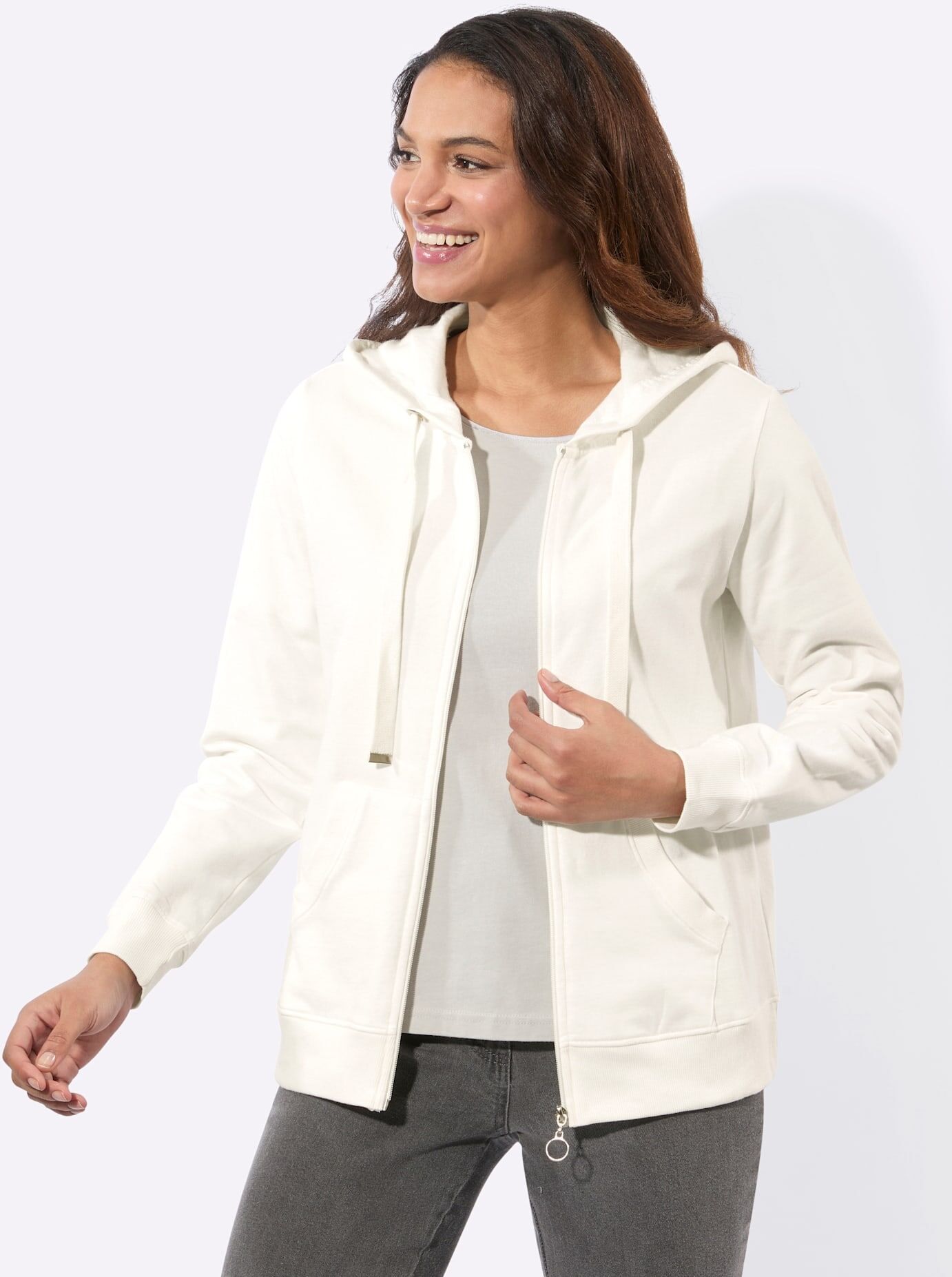 Shirtjacke CASUAL LOOKS "Sweatjacke", Damen, Gr. 38, ecru, 100% Baumwolle, unifarben, Shirts Shirtjacke ecru 38