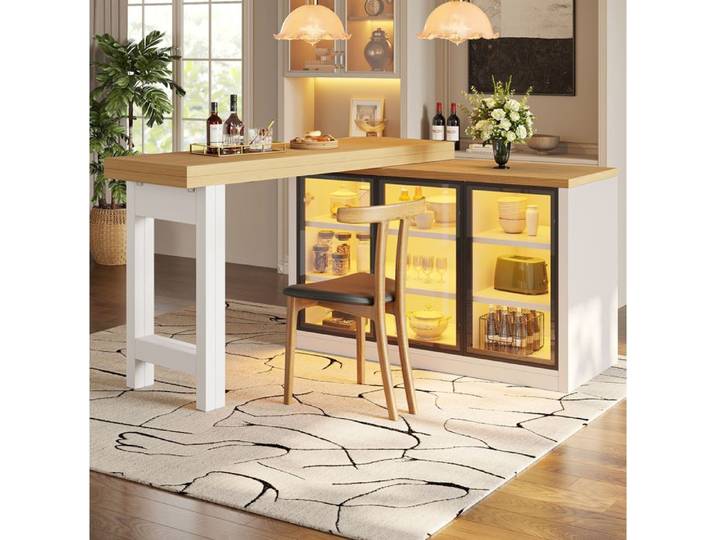 VUENOR Îlot central extensible 120-197x40x72 cm blanc – plateau pivotant 360° rangements et portes vitrées