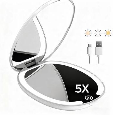 Fusion Finds LED Travel Makeup Mirror With 5x Magnifying Mirror & 3 Color Lights Rechargeable Compact Mirror white