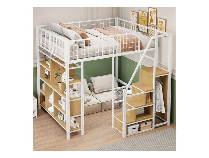 LuxusKollektion Metallbett Hochbett 140x200 Metall mit Schrank & Regal weiss