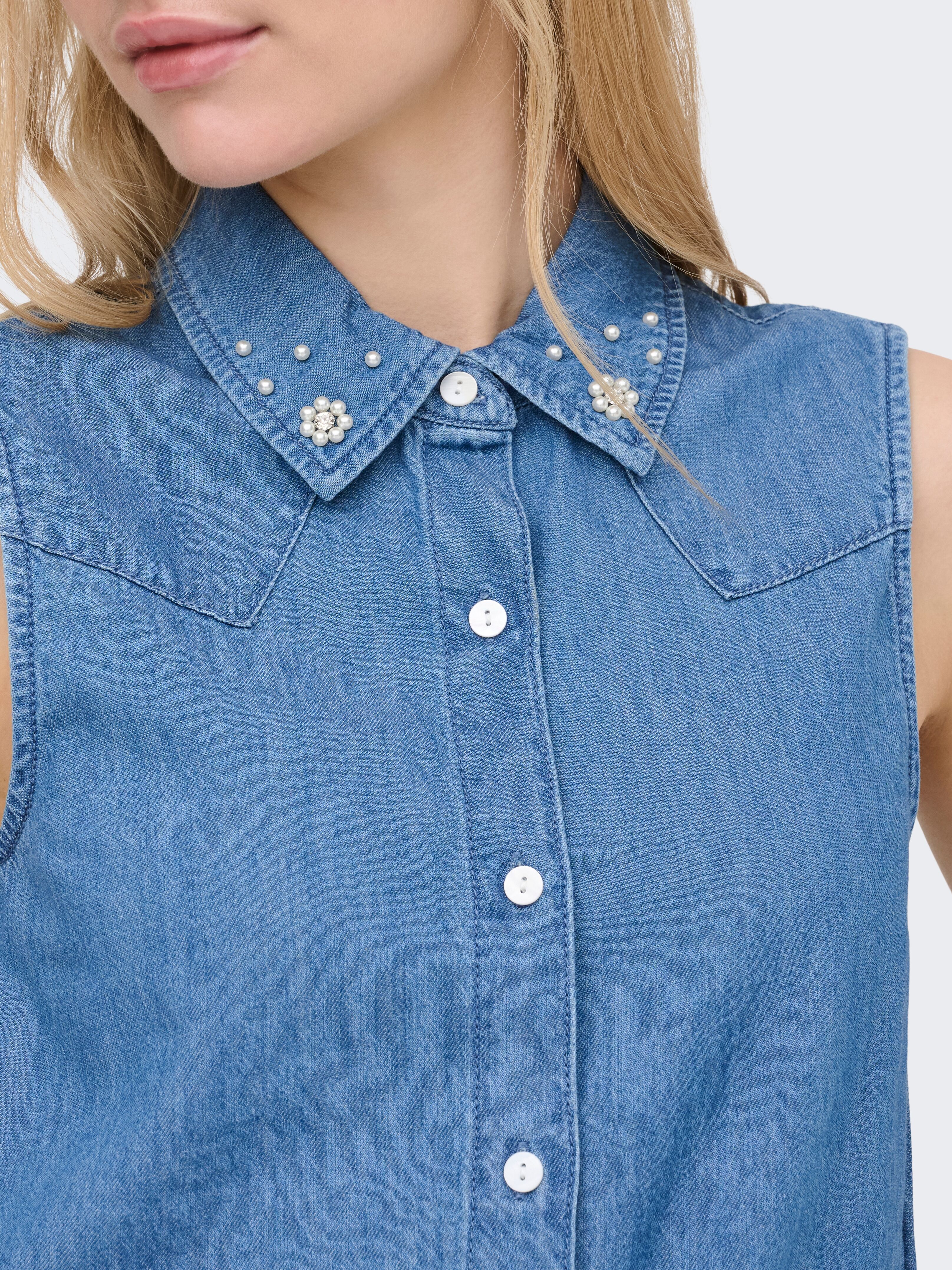 Jeansbluse ONLY "ONLBRIAR S/L PEARL KNOT SHIRT DNM QYT", Damen, Gr. S, blau (medium blau denim), Denim/Jeans, Obermaterial: 100% Baumwolle, unifarben, normal, Blusen Jeansbluse, Baumwolle medium blau denim S