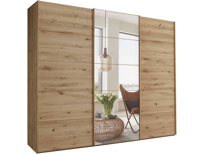 Schwebetürenschrank WIEMANN Cardiff , braun (bianco, eiche, nachbildung), B:295,2cm H:217cm T:67cm, Floatglas, Holzwerkstoff, Schränke, Schwebetürenschrank, mit massiven Holztüren und Spiegel