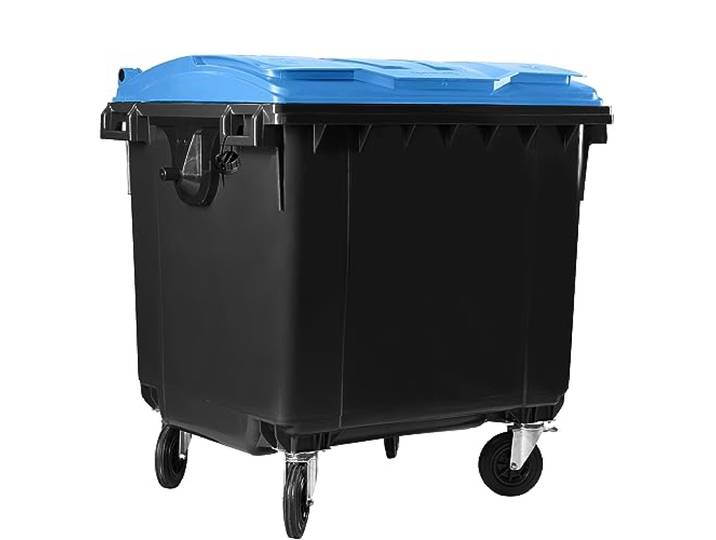Hardwex Müllcontainer mit 4 Rädern mit Flachdeckel, Müllgroßbehälter, Abfalltonne, Mülltonne, Volumen: 1 100 Liter, Farbe: Grau/Blau, Größe: 1 344 x 1 370 x 1 070 mm