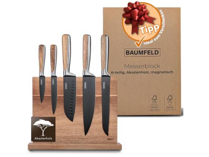 BAUMFELD 6 Teiliges Messerblock Set - Premium Edelstahl - Küchenmesser inkl. magnetischem Messerblock aus edlem Akazienholz Profi Küchenmesser Set (Keramikbeschichteter Edelstahl)