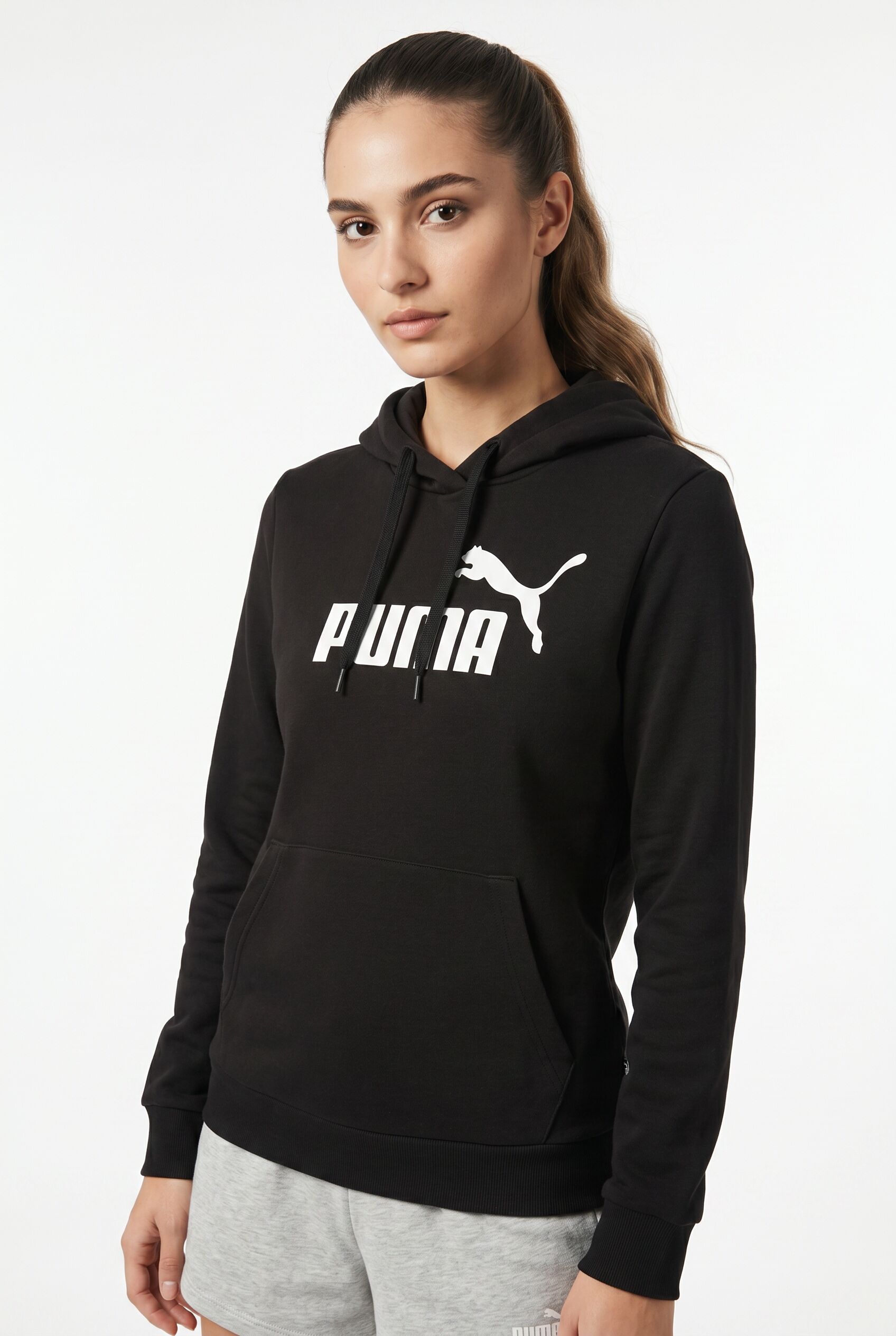 Kapuzensweatshirt PUMA "ESS NO 1 LOGO HOODIE FL", Damen, Gr. XL, schwarz (puma schwarz), Fleece, Obermaterial: 66% Baumwolle, 34% Polyester, bedruckt, regular fit normal, angesetztes Bündchen, Sweatshirts Kapuzensweatshirt, Regular Fit, mit verstellbarer 