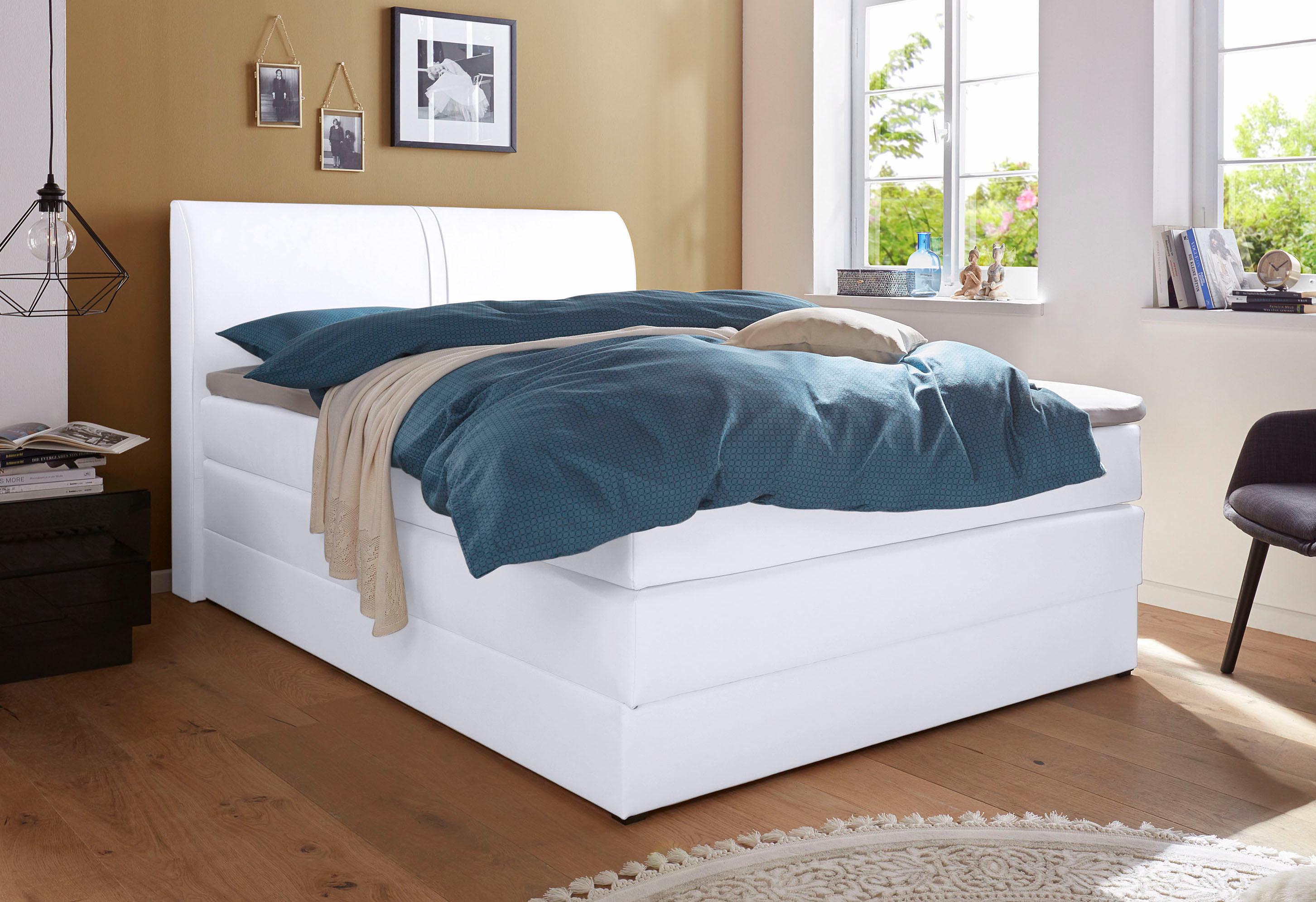 Boxspringbett HAPO, weiss (weiß, kunstleder), Liegefläche B/L: 140cm x 200cm, kein Härtegrad, 7-Zonen-Tonnentaschen-Federkernmatratze, Kopfteil, seitliche Unterbox und Obermatratze sind mit pflegeleichtem Feinstrukturstoff in Leinenoptik (100% Polyester) 