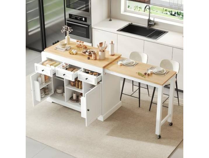 Fiednoy Mobile Kücheninsel mit Rollen und Ausziehbarer Arbeitsplatte 188 cm Küchenwagen, Stauraum, Schubladen, Gewürzregal, Freistehend Weiss, Für Küche Esszimmer