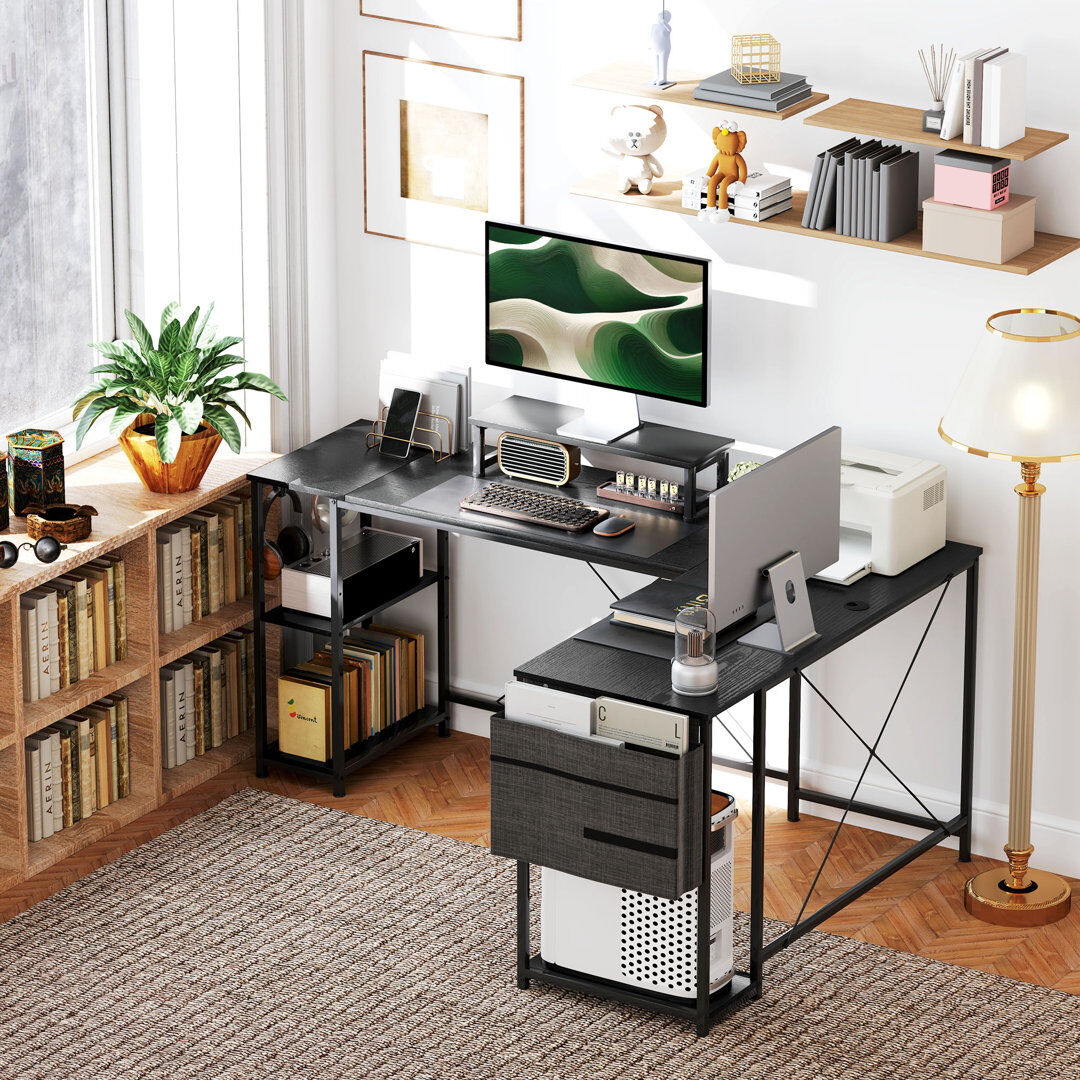 Inbox Zero Rascoe Reversible L Shaped Desk Adjustable Shelf Black