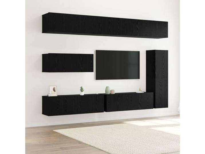 HEFZGDB 7-teiliges TV-Schranksystem Wandmontage Schwarz Eichenfurnier mit umkehrbarer Tür und viel Stauraum für Entertainment-Equipment, modernes Design, robuste Ausführung
