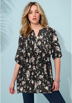 Plus Size Women's Plus Size Pintuck Tunic Blouse - Y-Neck & Roll-Tab Sleeves by Roaman's in Neutral Sketch Blossoms (Size 20 W) Button Down Tunic Shi