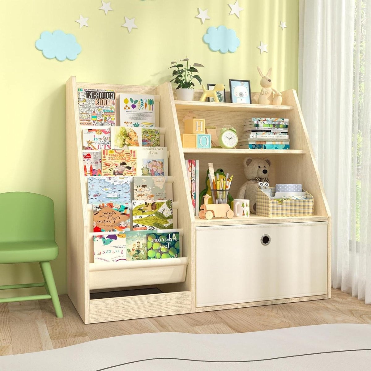 Kinder Boekenkast en Speelgoed Organizer met 3 niveaus en 6 slinghouders in naturel