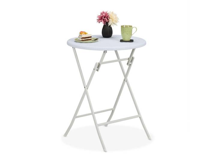 Relaxdays Gartentisch Weiß klappbar rund Rattan-Optik 60 cm, Kunststoff, Metall, 60x75x60 cm, Gartenmöbel, Gartentische, Gartentische