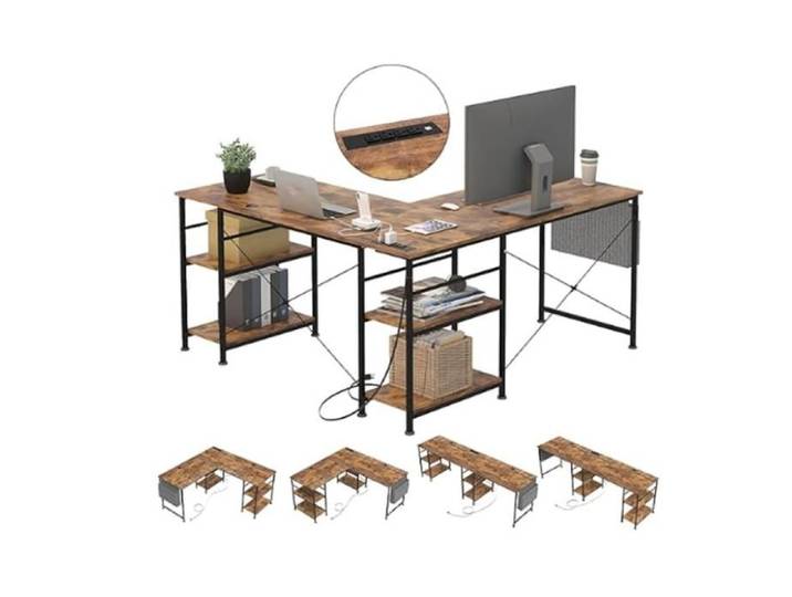 Bureau d'angle en L Tbfit avec étagères réversible pour petits espaces grand bureau ordinateur gamer avec prises de courant