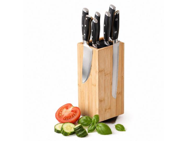 Relaxdays Messerblock Natur Bambus magnetisch drehbar Borsteneinsatz 26 cm, Hellbraun, Holz, Kunststoff, Metall, 10.5x26x10.5 cm, Küchenmesser, Messerblöcke