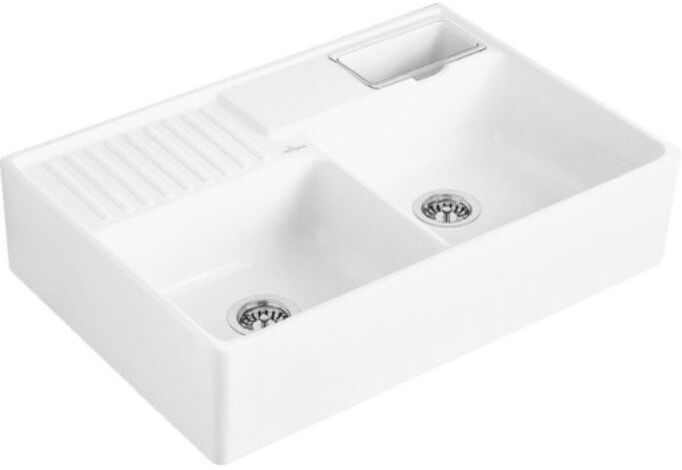 Villeroy und Boch Spülstein Doppelbecken 632391RW Ablaufgarnitur, Handbetätigung, Resteschale, Stone White