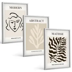 BILDER SET 3er Set - 40x60 cm Silberner Rahmen - Gesicht Blätter Kunst Matisse