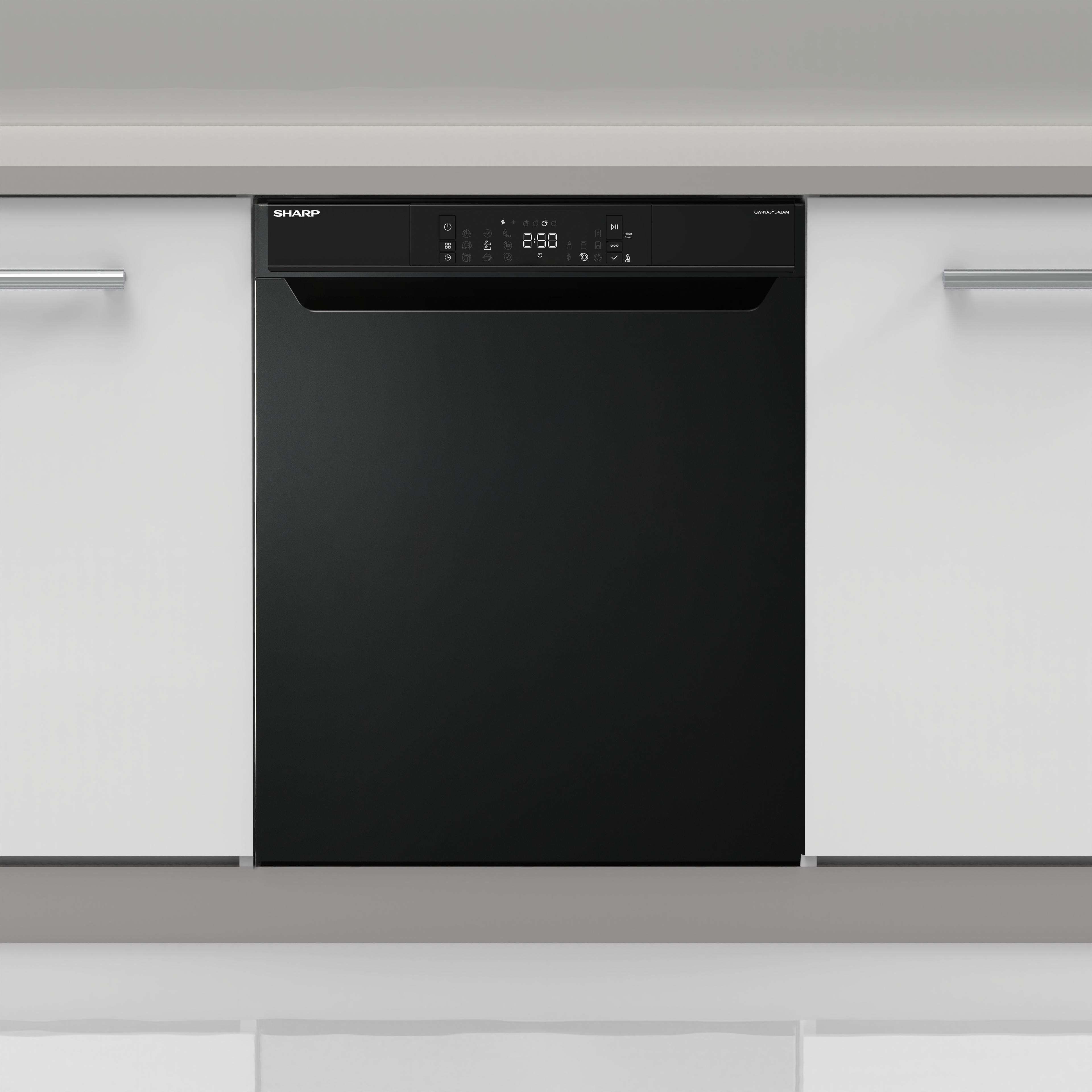SHARP QW-NA3YU42AM-DE unterbaufähiger Geschirrspüler mit Besteckschublade (60cm), (14 Gedecke, EEK A), (9 Programme, AquaStop), Mattschwarz