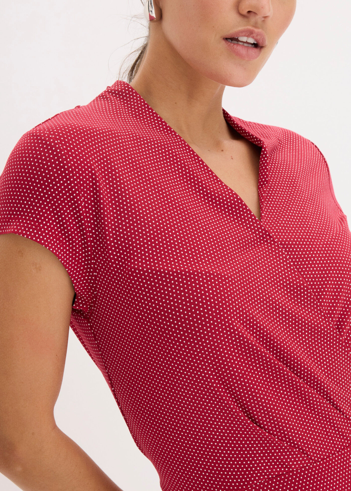 Midikleid BONPRIX, Damen, Gr. 44/46 (L), N-Gr, Kurzarm, pink (abendrot, weiß gepunktet), Obermaterial: 95% Viskose, 5% Elasthan, ausgestellt, Kleider Midikleid, aus Viskose und Elasthan, Wickeloptik mit Bindeband, Kurzarm-Design abendrot, weiß gepunktet 4