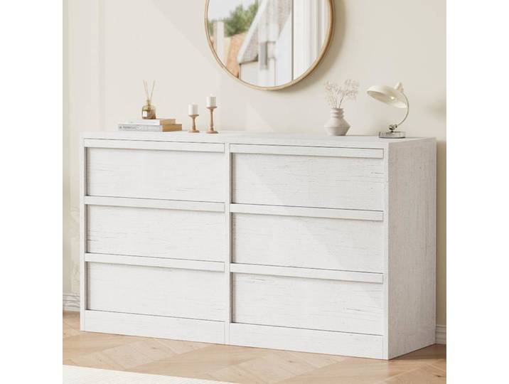 Commode 6 tiroirs double blanc antique grand rangement bois pour chambre crèche couloir salon