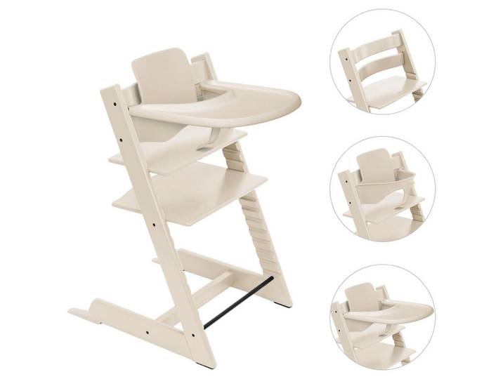 Stokke Hochstuhl-Set, Perlmutt, Holz, Buche, 83x65x46 cm, Fussstütze verstellbar, Sitzfläche verstellbar, höhenverstellbar, Tablett, Snacktablett, Baby- und Kindermöbel, Babyzimmer, Hochstuhl