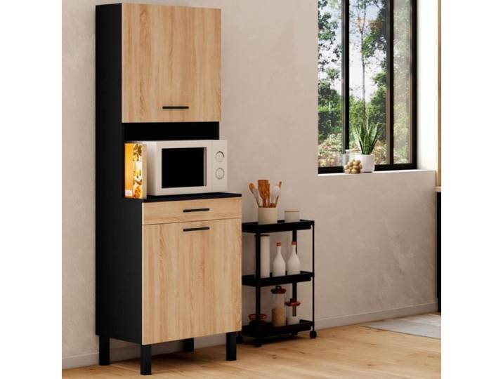 IDMARKET Buffet de cuisine 60 CM CINA 2 portes + tiroir noir et façon hêtre